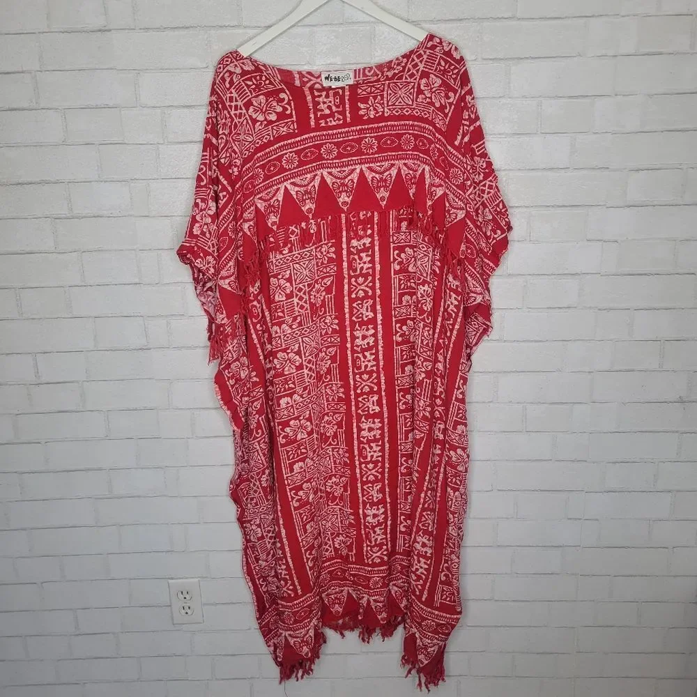 We Be Bop Vintage Red Hawaiian Tropical Print Tassel Mumu Popover Maxi Dress - Picture 5 of 5